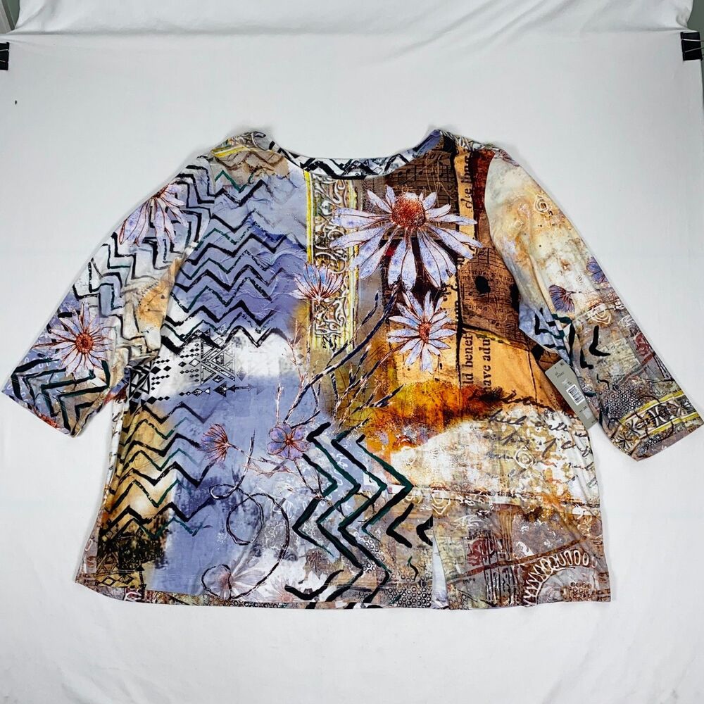 Ali Miles Floral Tunic Top Womens 3X Multicolor 3/4 Sleeve Stretch Daisy Bloom - Picture 6 of 14